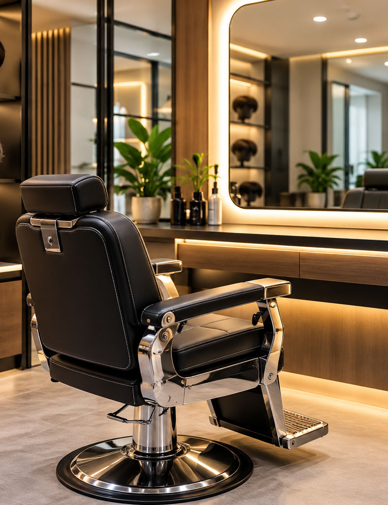 Interior of The New Look Hair Studio with a premium styling chair and backlit mirror