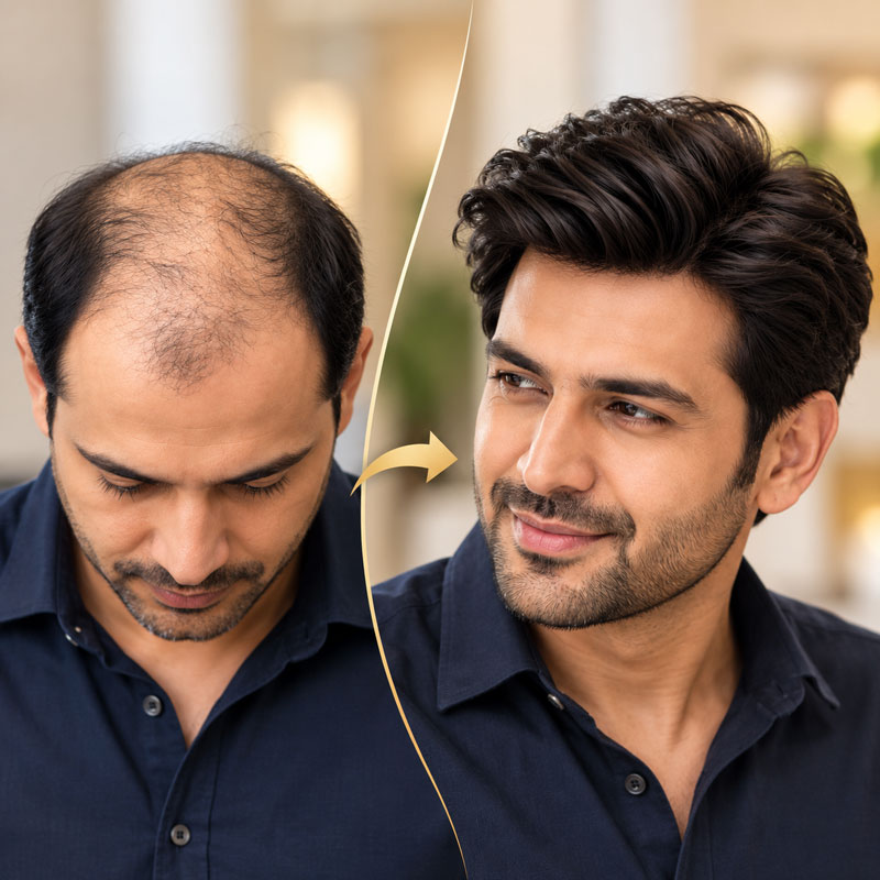 Before and after: thinning hair restored with a natural-looking non-surgical hair replacement