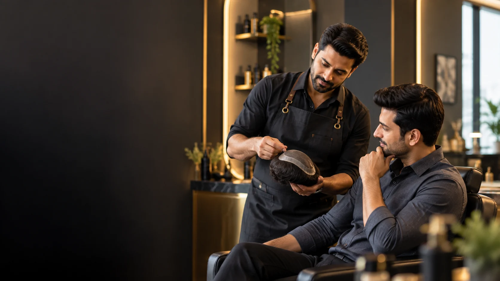 Hair specialist showing a hair patch to a seated client at The New Look studio in Andheri, Mumbai